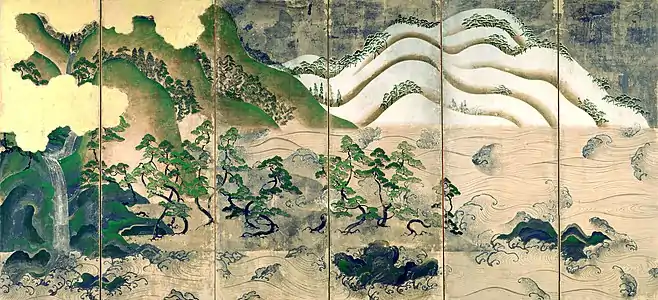Paysage des quatre saisons. Paravent (gauche) double à 6 feuilles,147.0 cm × 313.5 cm