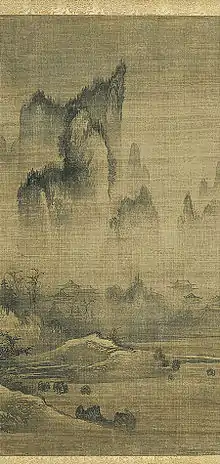 Cloche du soir, au temple enveloppé de brume. Style d'An Gyeon, fin XVe début XVIe siècle. Un rouleau d'une paire, encre sur soie, H 88cm. Met.