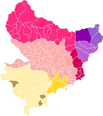 Distribution des dialectes historiques au sein du département français des Alpes-Maritimes.