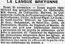 Protestation de 12 maires de l'arrondissement de Châteaulin (dont le maire de Châteaulin) qui déclarent refuser d'indiquer sur les certificats de résidence des curés s'ils utilisent la langue bretonne lors de l'instruction religieuse (catéchisme, sermons).