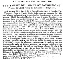 Testament de Lancelot d'Orgemont, 1286. L'installation d'un véritable Parlement à Toulouse en 1273 présidé par un certain Lancelot d'Orgemont est contestée. L'original du document présenté ici pourrait dater du XVe siècle.