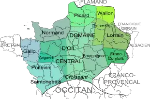 Carte illustrant la répartition géographique des langues d'oïl selon Marie-Rose Simoni Aurembou.