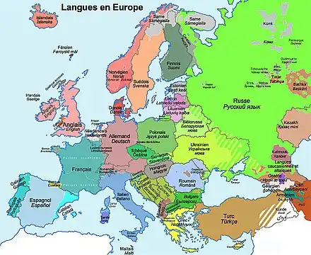 Langues usuelles majoritaires parlées en Europe en 2020 (« usuelle » ne signifie pas « officielle » et « majoritaire » ne signifie pas « exclusive »).