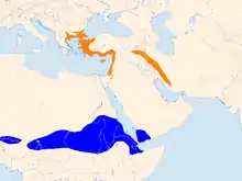 Carte de l’Est de l’Afrique et de l’Ouest de l’Asie, avec des aplats de bleu et d’orange.