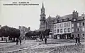 La Grande Place et l'église paroissiale de Lannilis vers 1920 (carte postale Émile Hamonic).