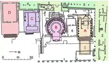 Quatre temples à cella ronde (B) ou rectangulaire (A, C, D).Largo di Torre Argentina, Rome.