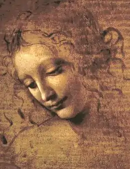 Peinture en grisaille d'un visage de femme incliné vers la gauche.