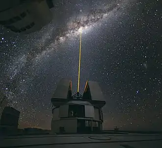 Photo en couleur. En avant-plan, un observatoire astronomique émet un rayon de lumière verticalement. En arrière-plan se dessine un amas d'étoiles dans la nuit.