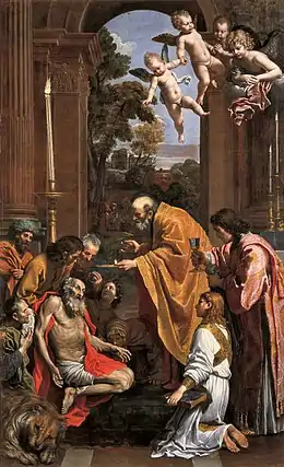 Peinture de facture classique représentant plusieurs personnages, dont un vieillard torse nu, ainsi qu'un groupe d'angelots dans le coin supérieur gauche.