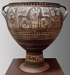 Cratère, céramique peinte avec chevaux et guerriers. VIIIe siècle. Tumulus de Kamilovrysi, Paralimni, Béotie.