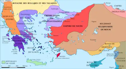 Carte de la région de la Méditerranée orientale présentant les frontières des différents Etats vers 1204