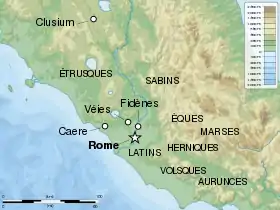 Carte du Latium. Étrusques au nord, Sabins au nord-est, Èques, Marses et Herniques à l'est, Latins, Volsques et Aurunces au sud-est.