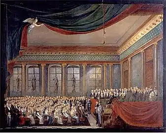 Cérémonie solennelle de remise des prix dans le grand salon de l'hôtel de ville [Bruxelles], à l'occasion du salon et du concours de 1811, gouache, 1811, musée de la ville de Bruxelles.