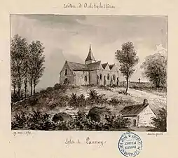 L'ancienne église de Launoy perchée sur les hauteurs du village en 1878. (dessin d'Amédée Piette.