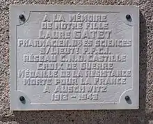 Plaque en mémoire de Laure Gatet au cimetière de Boussac-Ville.