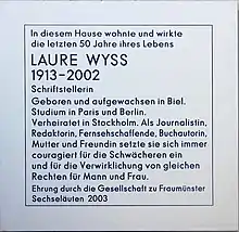 Laure Wyss Gedenktafel an der Winkelwiese 6, Zürich
