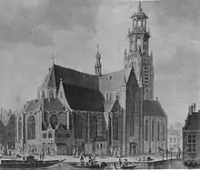 gravure d'une église surmontée d'un clocher