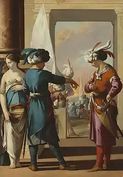 Scène peinte montrant deux hommes et une femme en costumes orientaux.