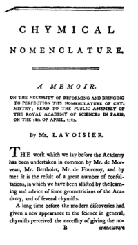 Première page de la Chymical Nomenclature de Lavoisier en anglais.