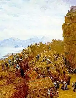 Une peinture montrant de nombreuses personnes réunies sur des gradins rocheux naturels.