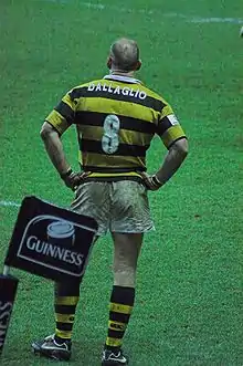Photo en pied d'un joueur de dos portant le numéro 8 sur son maillot rayé jaune et noir.