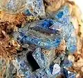 Lazulite de Färbergraben, Werfen, Autriche. Cristaux de 1.2 cm sur quartz.