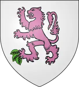 Blason de la Famille Lazzari, fond gris avec un lion pourpre au centre qui tient 3 feuilles vertes à sa patte droite. En héraldique cela se traduit par : d'argent à un Lion de pourpre, qui tient en sa patte droite de devant trois feuilles de sinople.