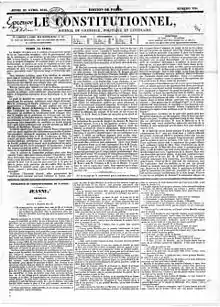 Première page du Constitutionnel qui comprend uniquement du texte. Le premier épisode de Jeanne figure sur le tiers inférieur de la page.