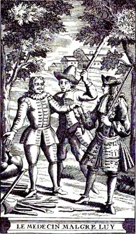 Sganarelle face à Valère et Lucas (Acte I, scène 5). Gravure de l’édition de 1719.