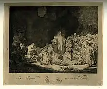 Même composition que l'originale de Rembrandt, mais inversée verticalement : la foule des pharisiens est à droite et celle des pauvres à gauche.
