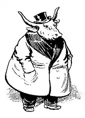 Gravure figurant un bœuf gras debout et habillé d'un pantalon, d'un par-dessus et d'un chapeau haut-de-forme