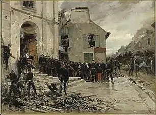 Le Bourget, 30 octobre 1870 (1878), tableau d'Alphonse de Neuville qui représente l'église Saint-Nicolas et la défaite française.
