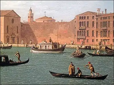 Canaletto, Le Canal de Santa Chiara, vers le sud-est à Venise (détail du Burchiello), 1730-1735.