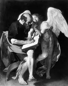 Photographie en noir et blanc d'un tableau dans lequel un homme assis écrit sous la conduite d'un ange qui dirige sa main.