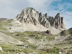 Vue du Cheval-Blanc et de la dent de Bissorte (3 016 m) depuis le vallon du Peyron.