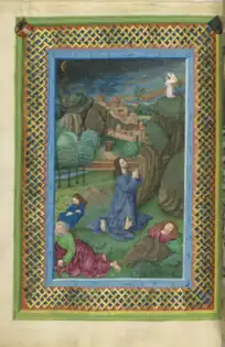 Le Christ au Mont des Oliviers. Missel de Salzbourg,t. II (1478-1489). Bibliothèque d'État de Bavière, Munich, Clm 15709, fol. 89r.