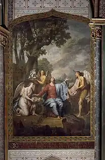 Au pied d'un homme, le Christ est assis, entouré de trois anges lui apportant des offrandes.