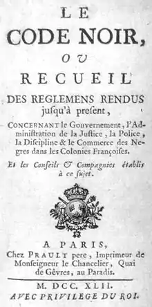 page de titre Le Code Noir, ou Recueil des réglemens rendus jusqu'à présent, 1742.