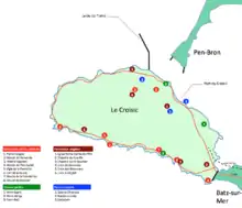 Carte d’une presqu’île avec des points de couleur indiquant la localisation du patrimoine.