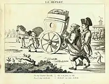 Caricature en noir et blanc montrant deux hommes marchant derrière une charrette remplie, un chien leur urinant dessus.