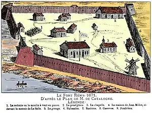 Le Fort Rémy, 1671. D'après le plan de M. De Catalogne. 1. La redoute ou le moulin à vent en pierre. 2. Le presbytère. 3. La Chapelle. 4. La maison de Jean Millot, ci-devant le manoir de La Salle. 5. La grange. 6. Palissades. 7. Bastions. 8. Casernes. 9. Poudrière.