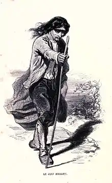 Illustration d'un homme aux cheveux longs marchant à l'aide d'un bâton.