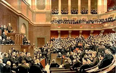 Incident de séance entre monarchistes et républicains lors de la séance du 16 juin 1877 de la Chambre des députés qui siégeait à Versailles, dans la salle aujourd’hui affectée au Congrès (Le Libérateur du Territoire de Jules-Arsène Garnier).
