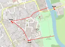 Carte avec le nom des rues actuelles et une ligne pointillé délimitant le tracé ancien de la ville.