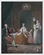 Marius-Pierre Le Mazurier, portrait de la famille Choiseul-Meuse à la Martinique, accompagnée d’une nourrice tenant un enfant dans ses bras (circa 1775).