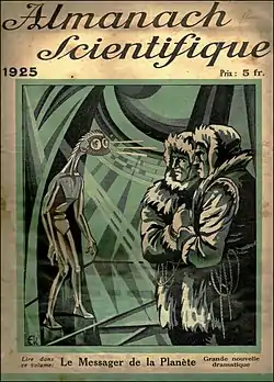 couverture titrée L'Almanach scientifique 1925 avec un dessin représentant deux hommes face à un extraterrestre.