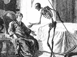 Gravure en noir et blanc représentant un homme malade assis dans un fauteuil discutant avec un squelette penché vers lui et tenant une faucheuse.