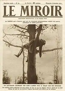 Une du no 54, 6 décembre 1914 : corps d'un lieutenant allemand dans un arbre.