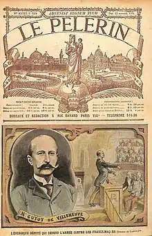 Première page du journal Le Pelerin ; y figurent un portrait de Guyot de Villeneuve et un dessin de son intervention à la tribune de la Chambre.