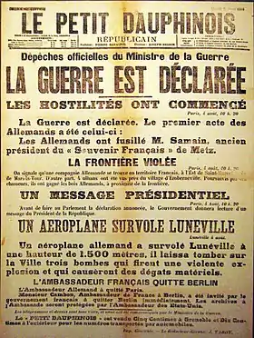 Une du journal Petit Dauphinois d'août 1914.